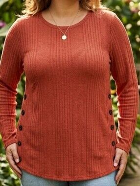 3X. Rust Ribbed Button-Side Long Sleeve Top